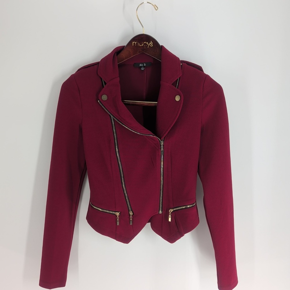 Alt. B Long Sleeve Collared Asymmetrical Zip Up Classic Biker Jacket Red Size‎ S